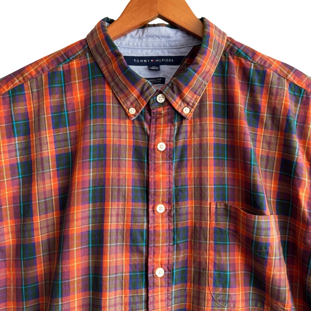 Tommy Hilfiger Button Down Shirt Mens XXL‎ Classic Fit Long Sleeve Orange Plaid